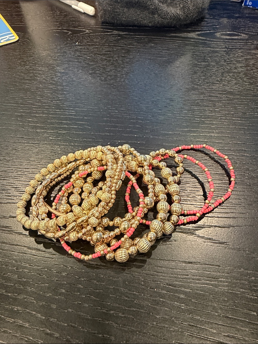 Plunder Gold tone and Coral Beaded Stretch Bracelet Stack